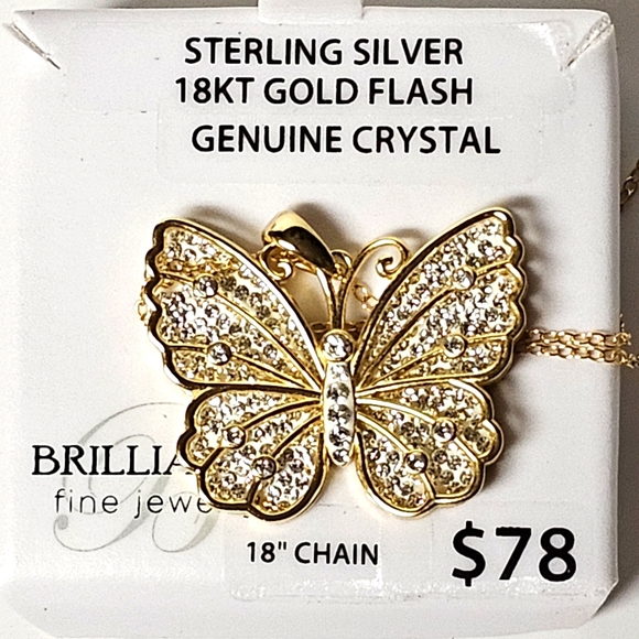 Sterling Silver 18k Gold Flash Genuine Crystal Butterfly Pendant Necklace NEW - Picture 1 of 6
